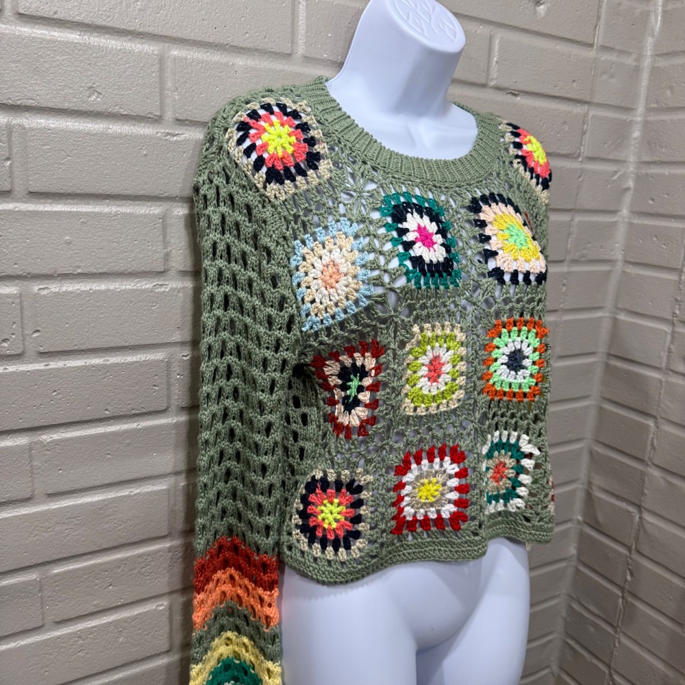 Davi & Dani Crochet Granny Square Bell Sleeve Cropped Sweater S Hippie Festival - Picture 5 of 14